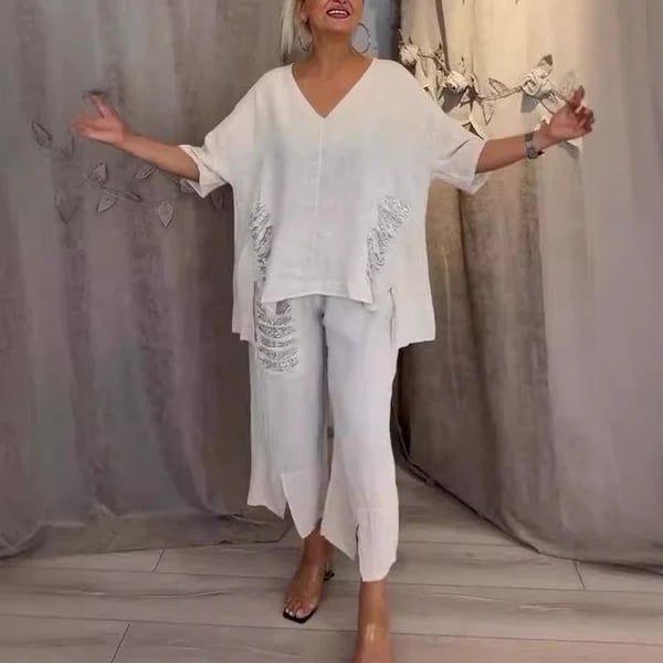 Women's V-Neck Two-Piece Set Autumn Flowy Casual Loungewear Set