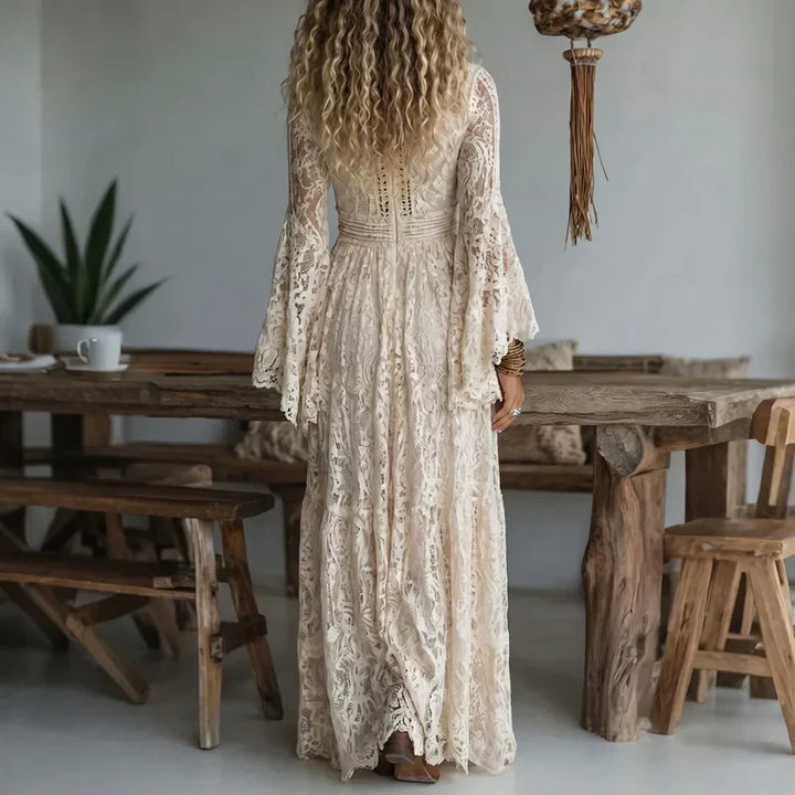 Women's Chiffon Long Vintage Lace Dress Autumn Evening Gown