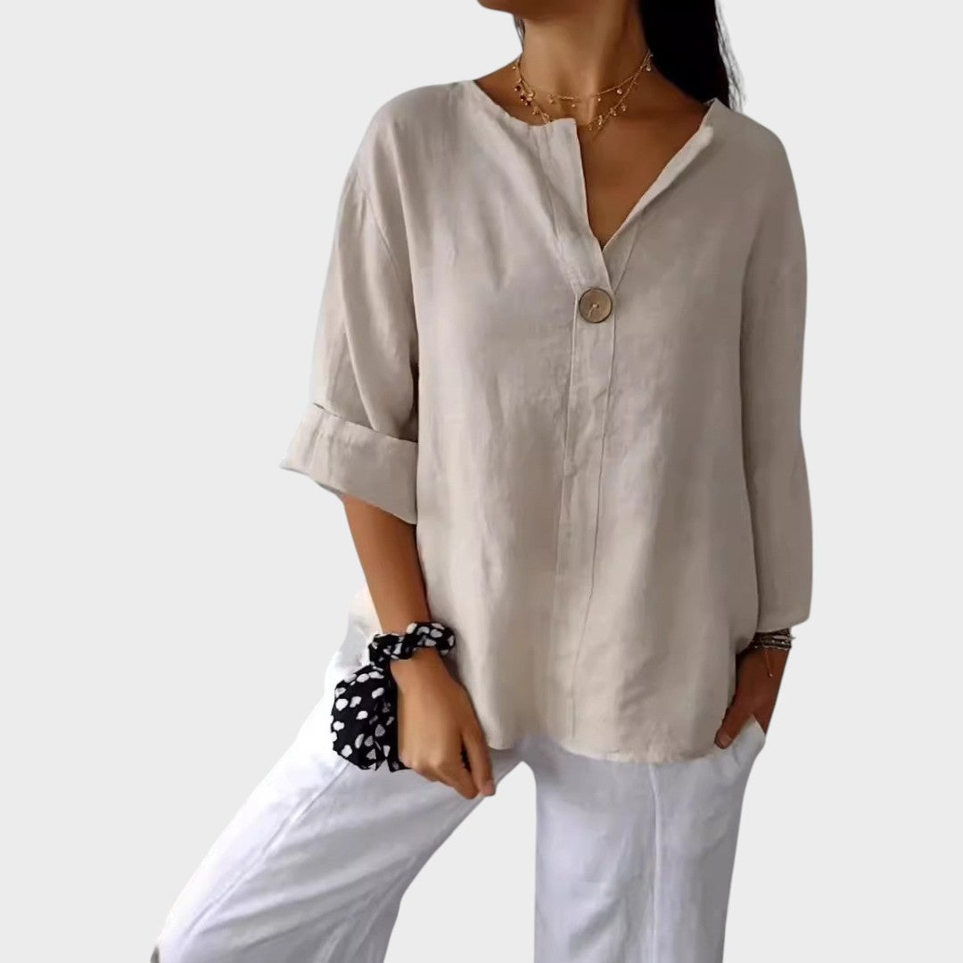 Women's Linen V-Neck Blouse Autumn Casual Shirt