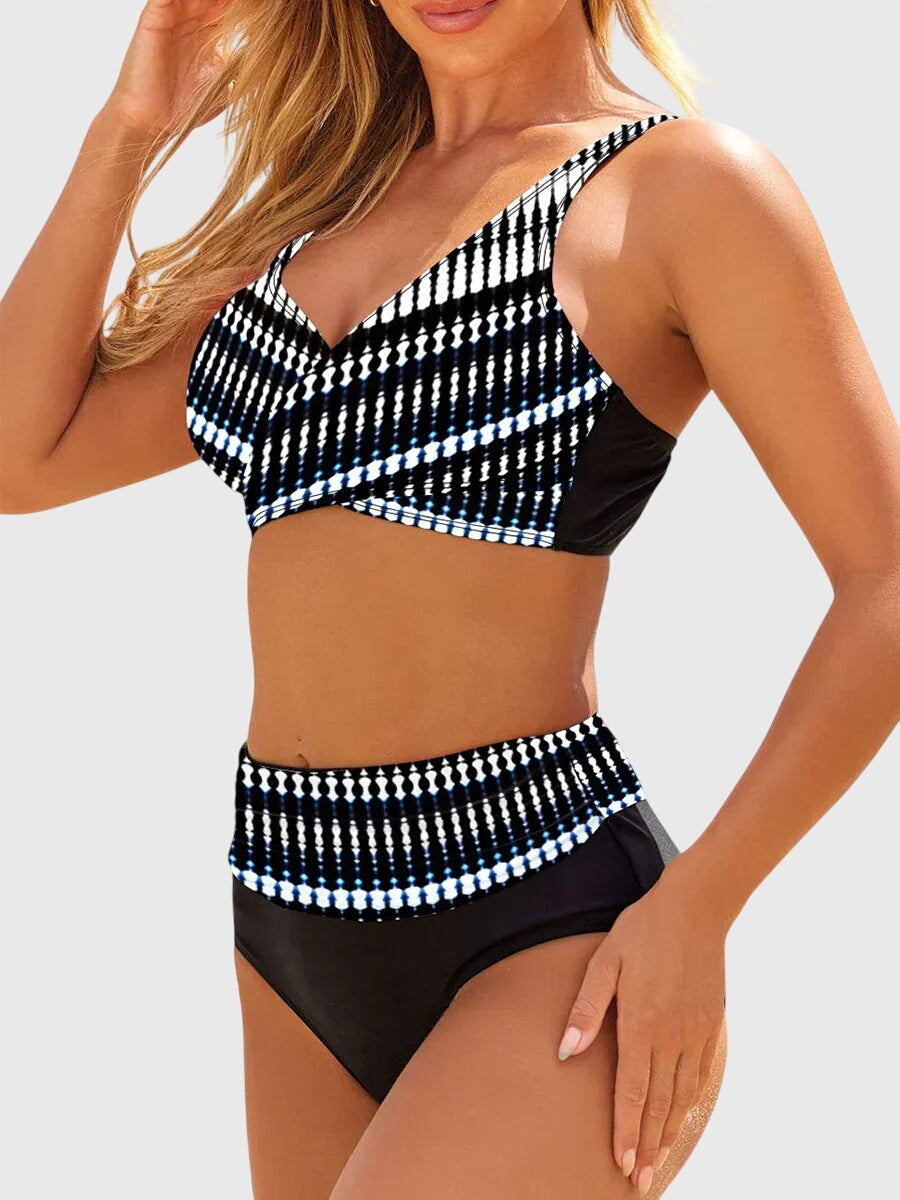 Women's Printed Crossover High Waisted Bikini Set Nylon Autumn Swimsuit