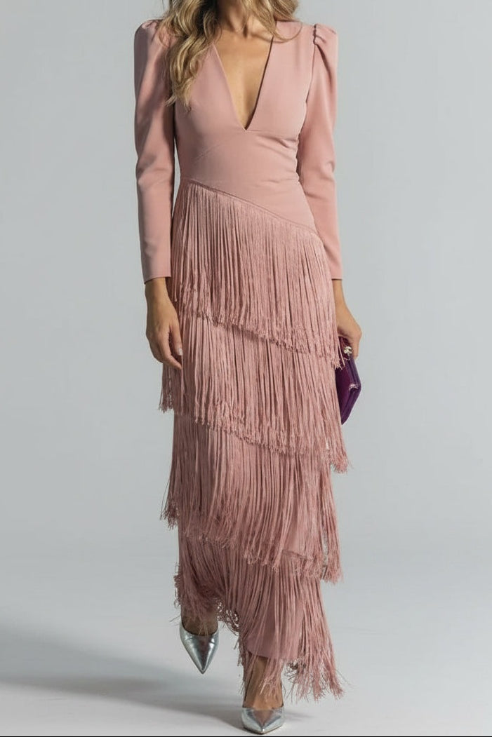 Women's Long Sleeve Fringe Evening Dress Knit Autumn Wedding Guest Gown