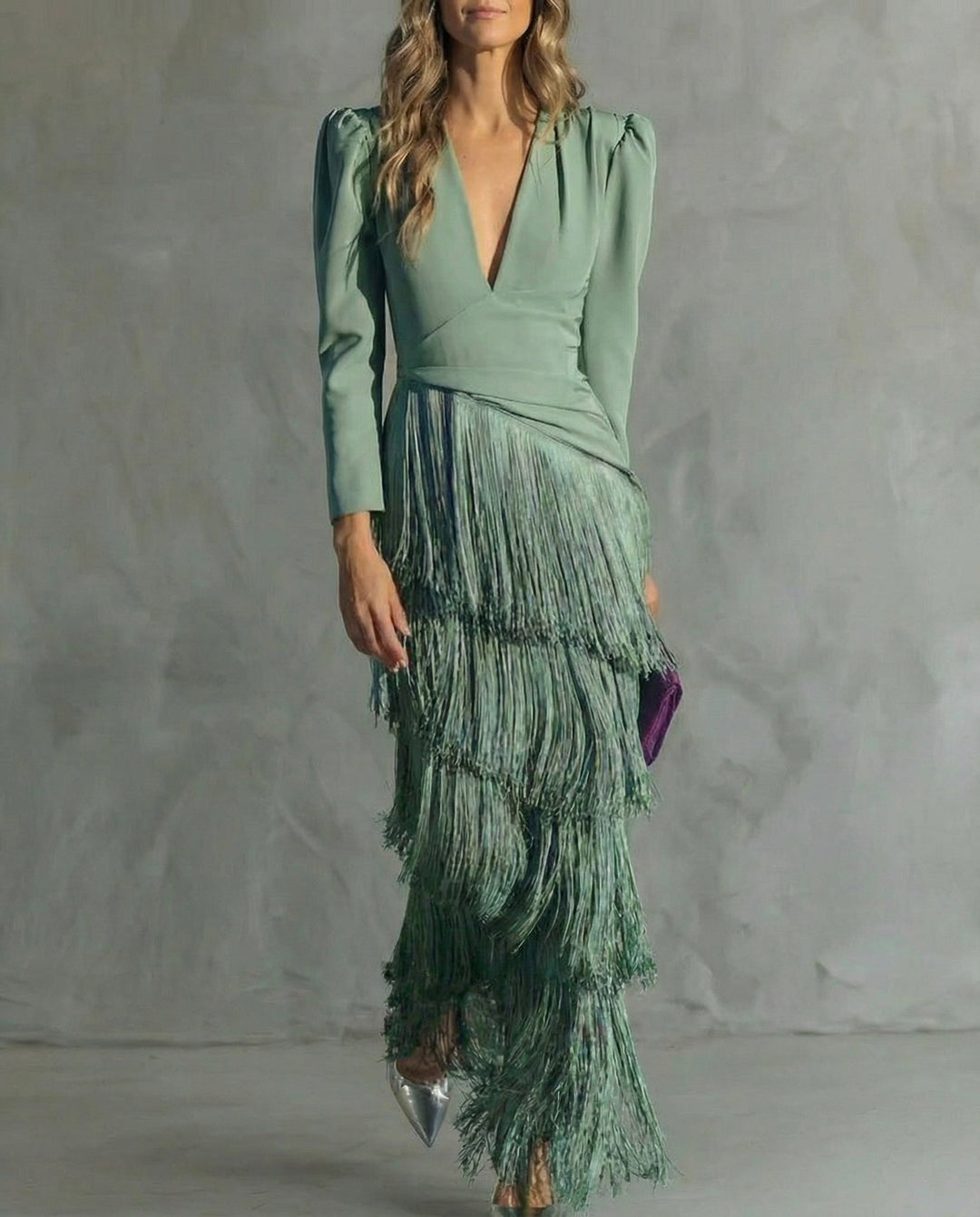 Women's Long Sleeve Fringe Evening Dress Knit Autumn Wedding Guest Gown