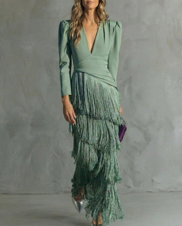Women's Long Sleeve Fringe Evening Dress Knit Autumn Wedding Guest Gown