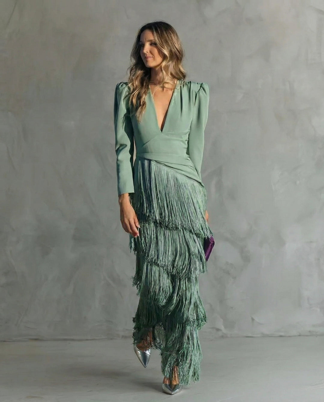 Women's Long Sleeve Fringe Evening Dress Knit Autumn Wedding Guest Gown