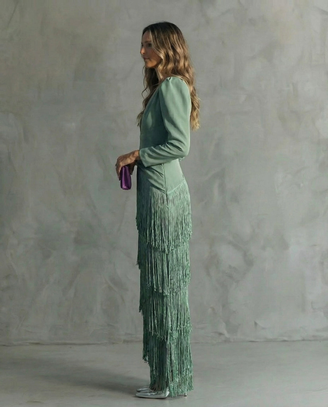 Women's Long Sleeve Fringe Evening Dress Knit Autumn Wedding Guest Gown