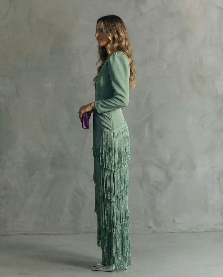 Women's Long Sleeve Fringe Evening Dress Knit Autumn Wedding Guest Gown