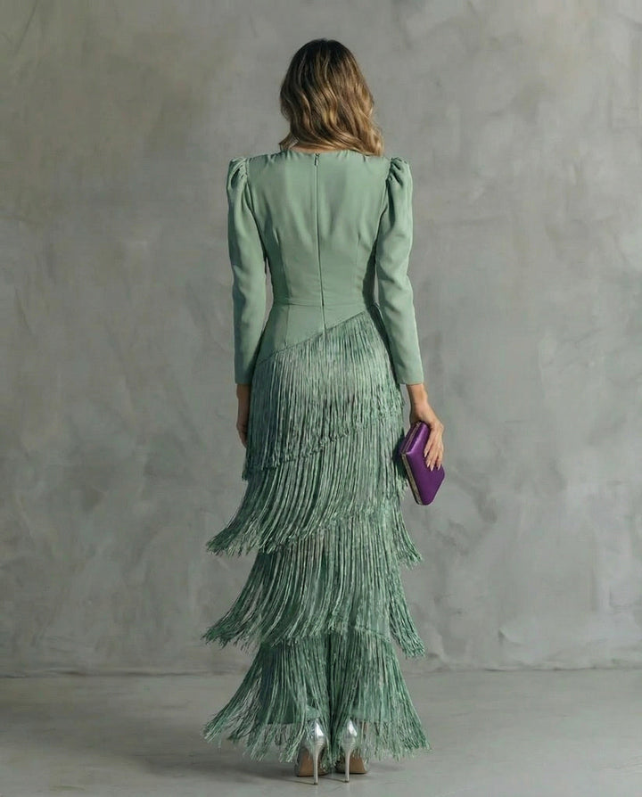 Women's Long Sleeve Fringe Evening Dress Knit Autumn Wedding Guest Gown