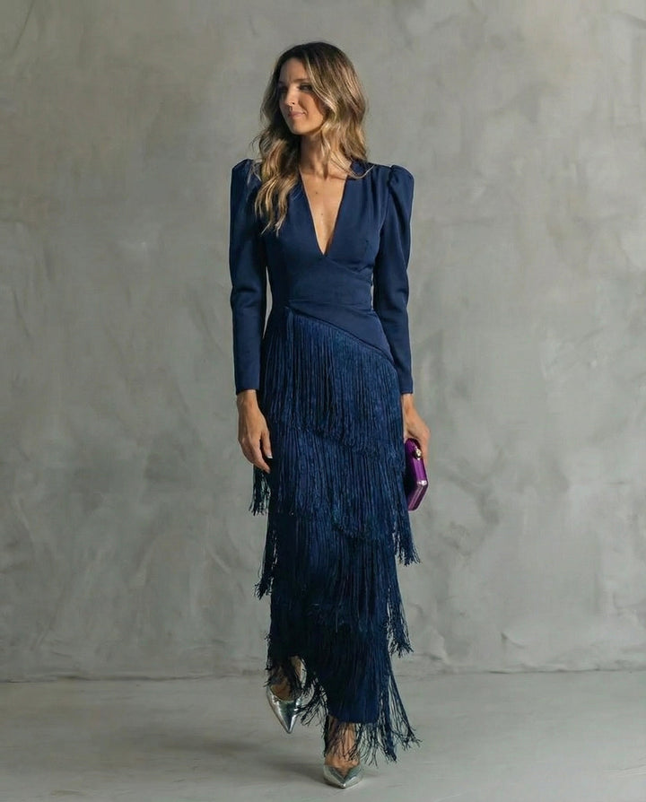 Women's Long Sleeve Fringe Evening Dress Knit Autumn Wedding Guest Gown