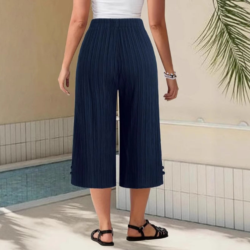 Women's Cotton Linen Wide Leg Cropped Pants Spring Drawstring Culottes Plus Size Trousers