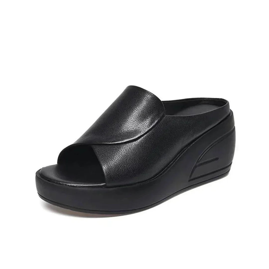 Women's Leather Wedge Mules Autumn Slip-On Platform Sandals