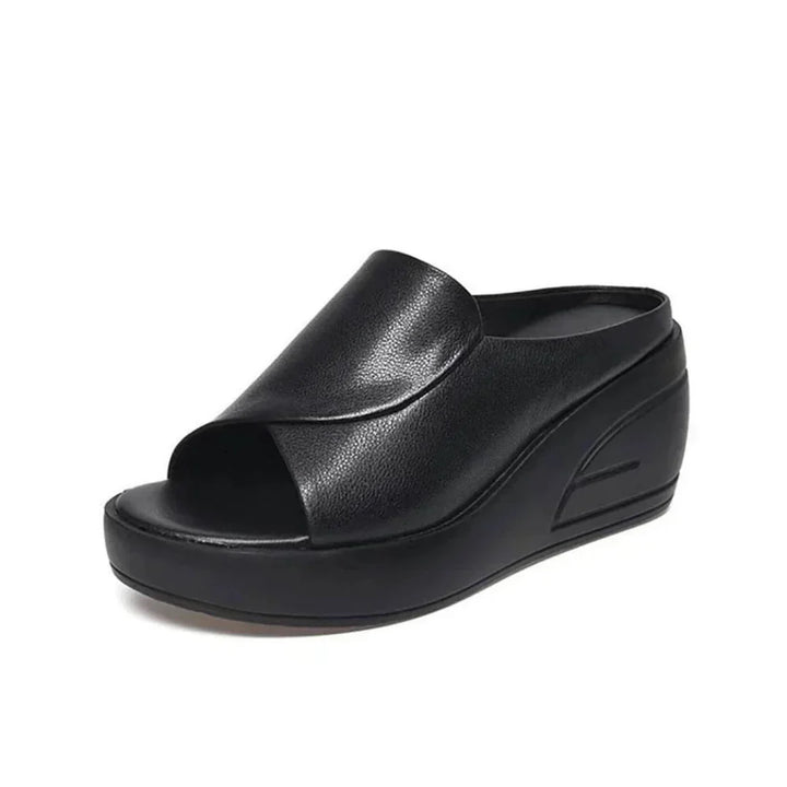 Women's Leather Wedge Mules Autumn Slip-On Platform Sandals