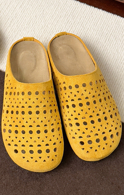 Women's Faux Suede Perforated Mules Spring Slip-On Backless Clogs Breathable Flat Shoes