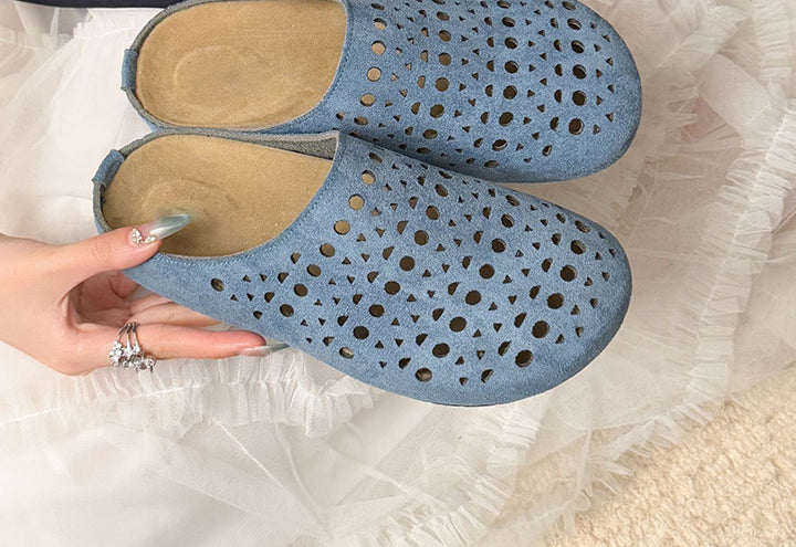 Women's Faux Suede Perforated Mules Spring Slip-On Backless Clogs Breathable Flat Shoes