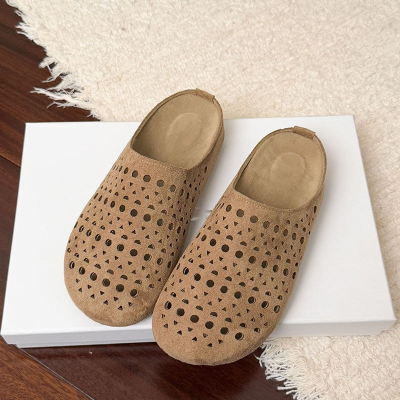 Women's Faux Suede Perforated Mules Spring Slip-On Backless Clogs Breathable Flat Shoes