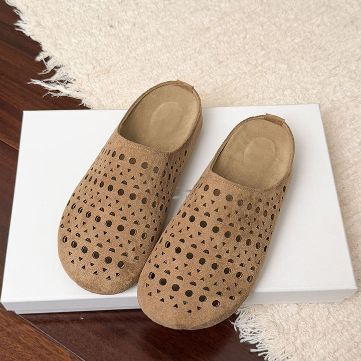Women's Faux Suede Perforated Mules Spring Slip-On Backless Clogs Breathable Flat Shoes