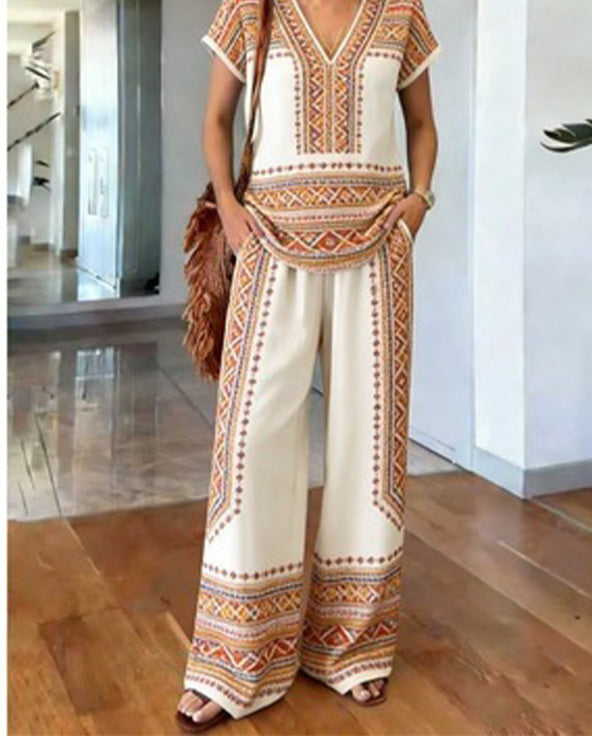 Women's Boho Two-Piece Set Spring Printed V-Neck Top and Wide Leg Pants Matching Outfit
