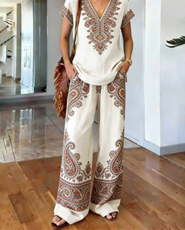 Women's Boho Two-Piece Set Spring Printed V-Neck Top and Wide Leg Pants Matching Outfit