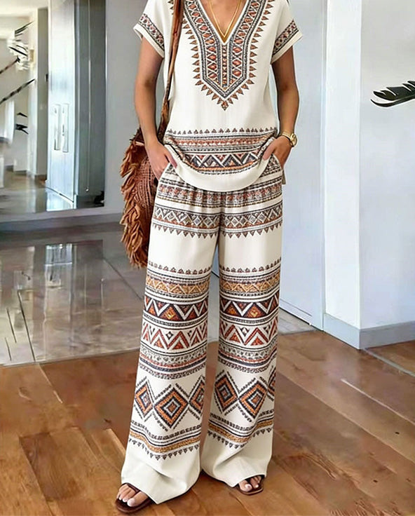 Women's Boho Two-Piece Set Spring Printed V-Neck Top and Wide Leg Pants Matching Outfit