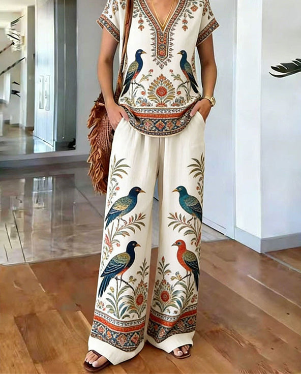 Women's Boho Two-Piece Set Spring Printed V-Neck Top and Wide Leg Pants Matching Outfit
