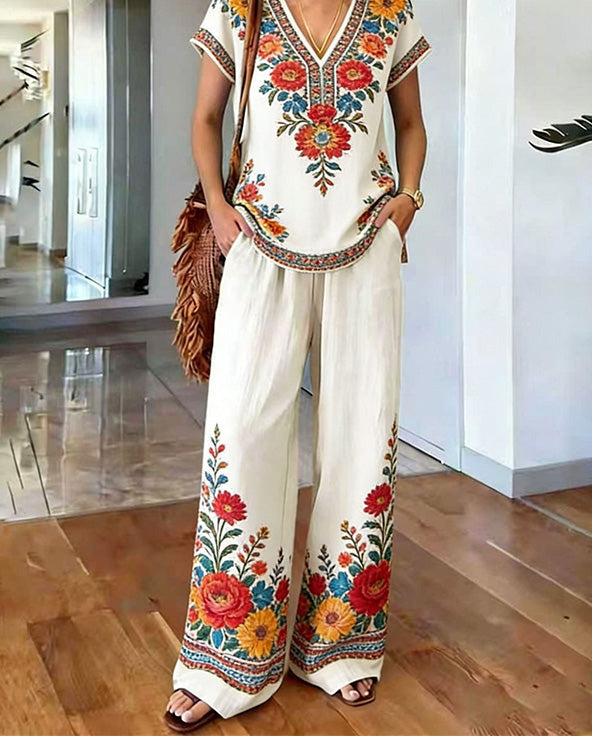 Women's Boho Two-Piece Set Spring Printed V-Neck Top and Wide Leg Pants Matching Outfit