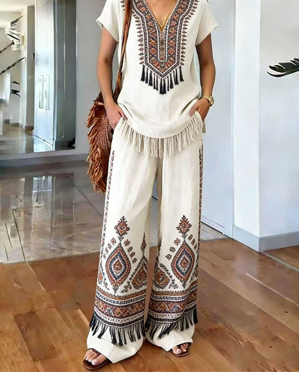 Women's Boho Two-Piece Set Spring Printed V-Neck Top and Wide Leg Pants Matching Outfit