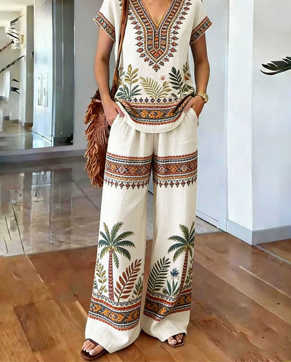 Women's Boho Two-Piece Set Spring Printed V-Neck Top and Wide Leg Pants Matching Outfit