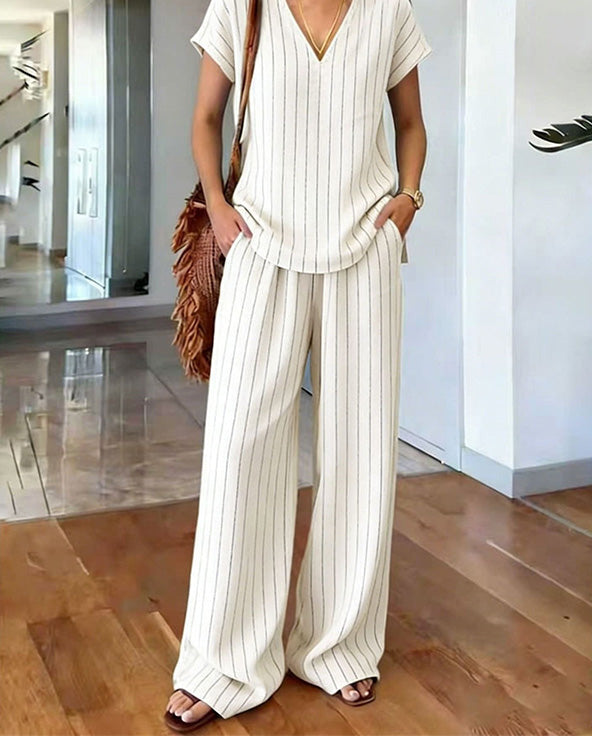 Women's Boho Two-Piece Set Spring Printed V-Neck Top and Wide Leg Pants Matching Outfit