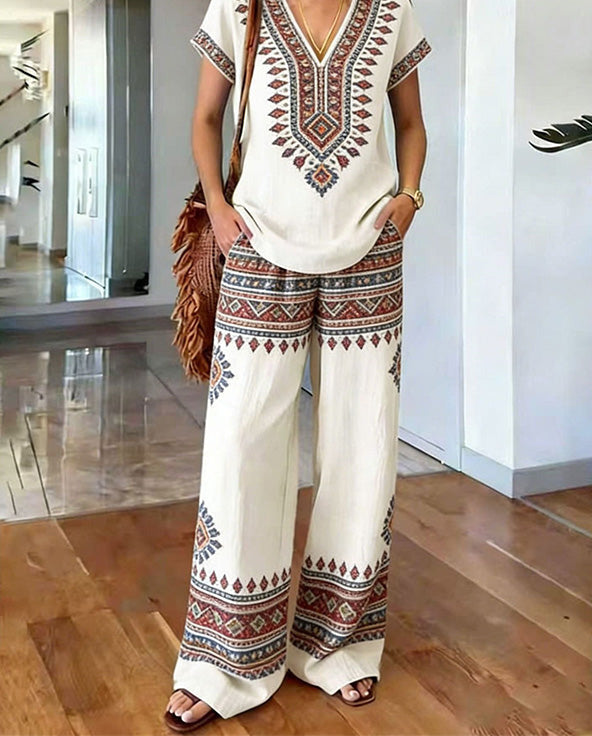Women's Boho Two-Piece Set Spring Printed V-Neck Top and Wide Leg Pants Matching Outfit