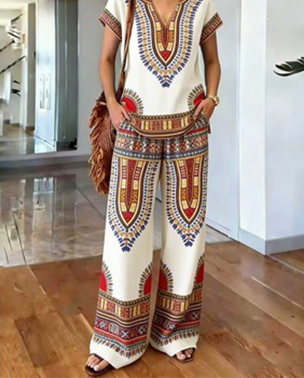 Women's Boho Two-Piece Set Spring Printed V-Neck Top and Wide Leg Pants Matching Outfit