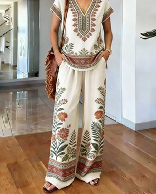 Women's Boho Two-Piece Set Spring Printed V-Neck Top and Wide Leg Pants Matching Outfit