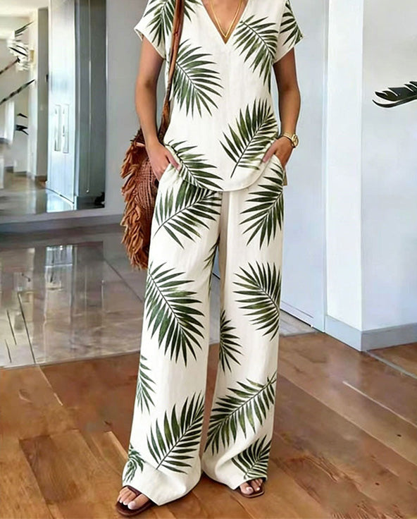 Women's Boho Two-Piece Set Spring Printed V-Neck Top and Wide Leg Pants Matching Outfit