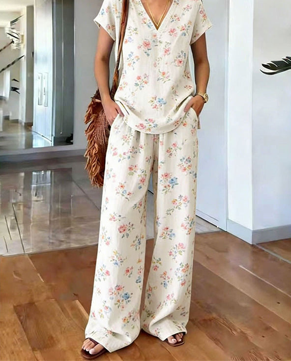 Women's Boho Two-Piece Set Spring Printed V-Neck Top and Wide Leg Pants Matching Outfit