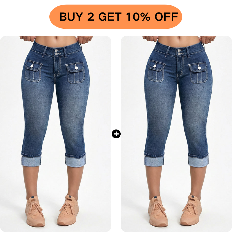 Women's Cotton Denim Capri Pants Autumn Slim Fit Cropped Jeans