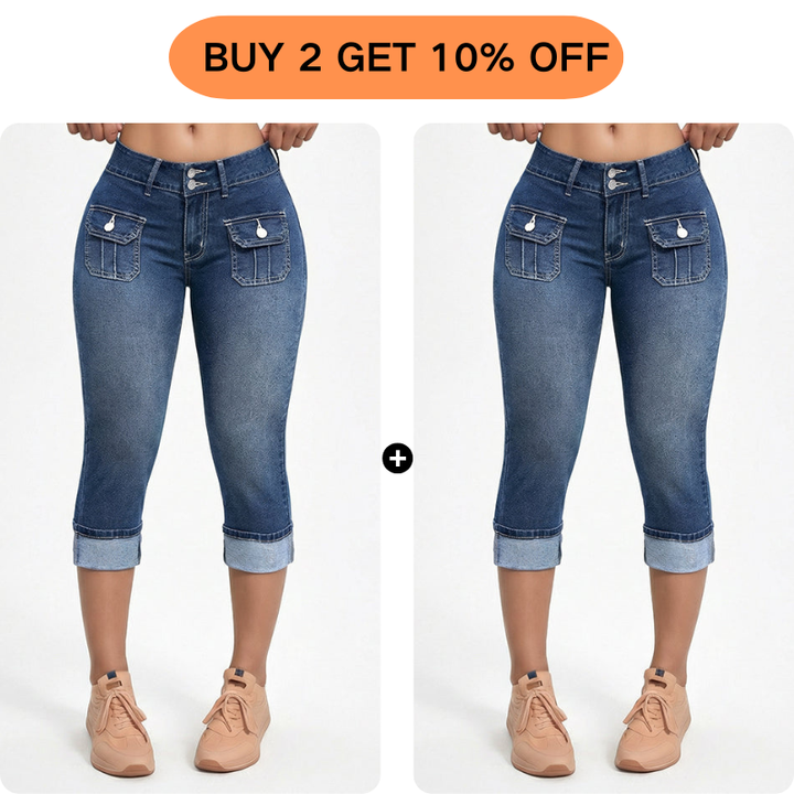 Women's Cotton Denim Capri Pants Autumn Slim Fit Cropped Jeans