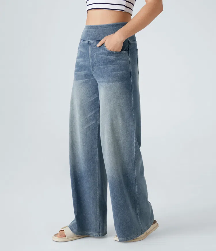 Women's Stretch Denim High-Waisted Wide-Leg Jeans Autumn Casual Jeans