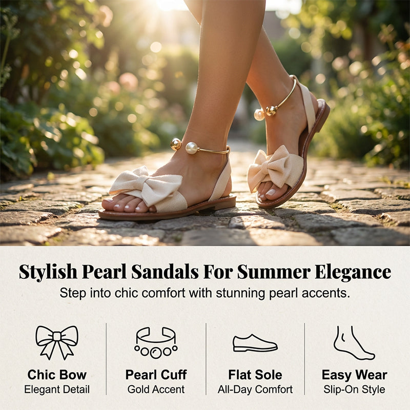Women's Leather Flat Sandals Autumn Pearl Bow Slingback Sandals