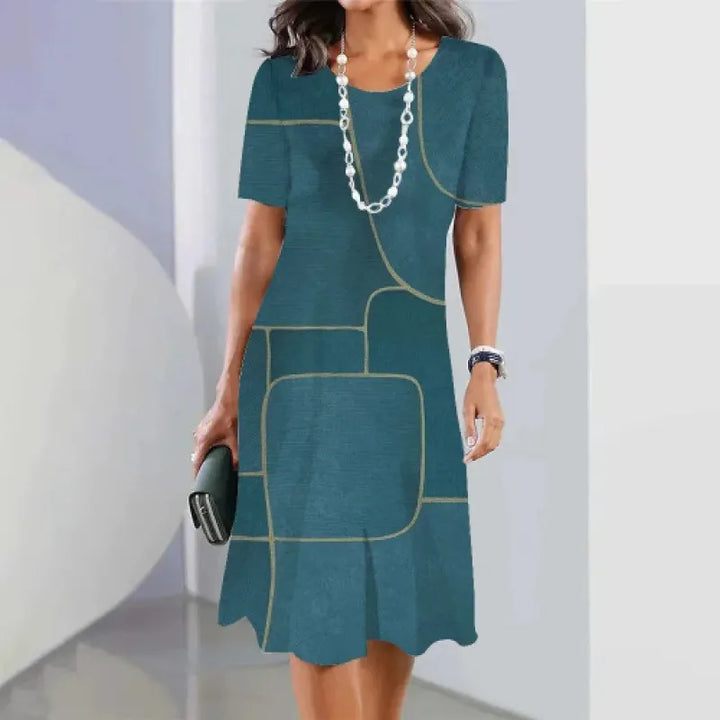 Women's Cotton Blend A-Line Midi Dress Spring Short Sleeve Geometric Print Casual Dress