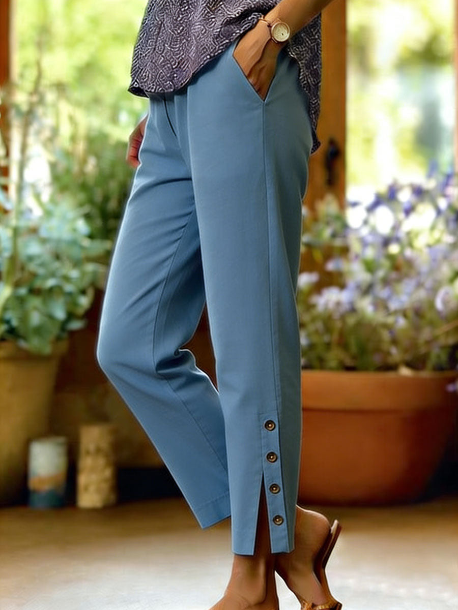Women's Cotton Linen Loose Pants Autumn Wide-Leg Button Trousers