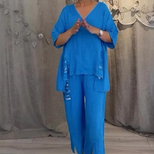 Women's V-Neck Two-Piece Set Autumn Flowy Casual Loungewear Set