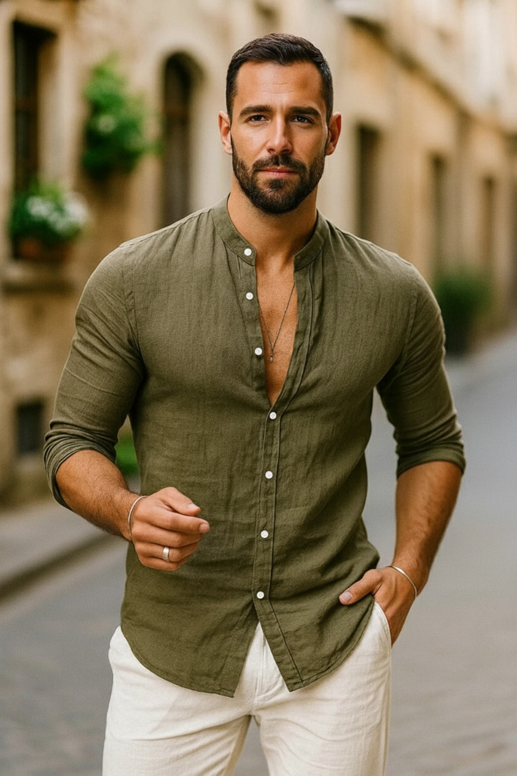 Men's Long-Sleeve Linen Mandarin Collar Shirt Autumn