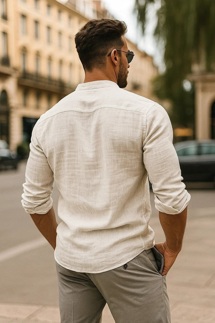Men's Long-Sleeve Linen Mandarin Collar Shirt Autumn