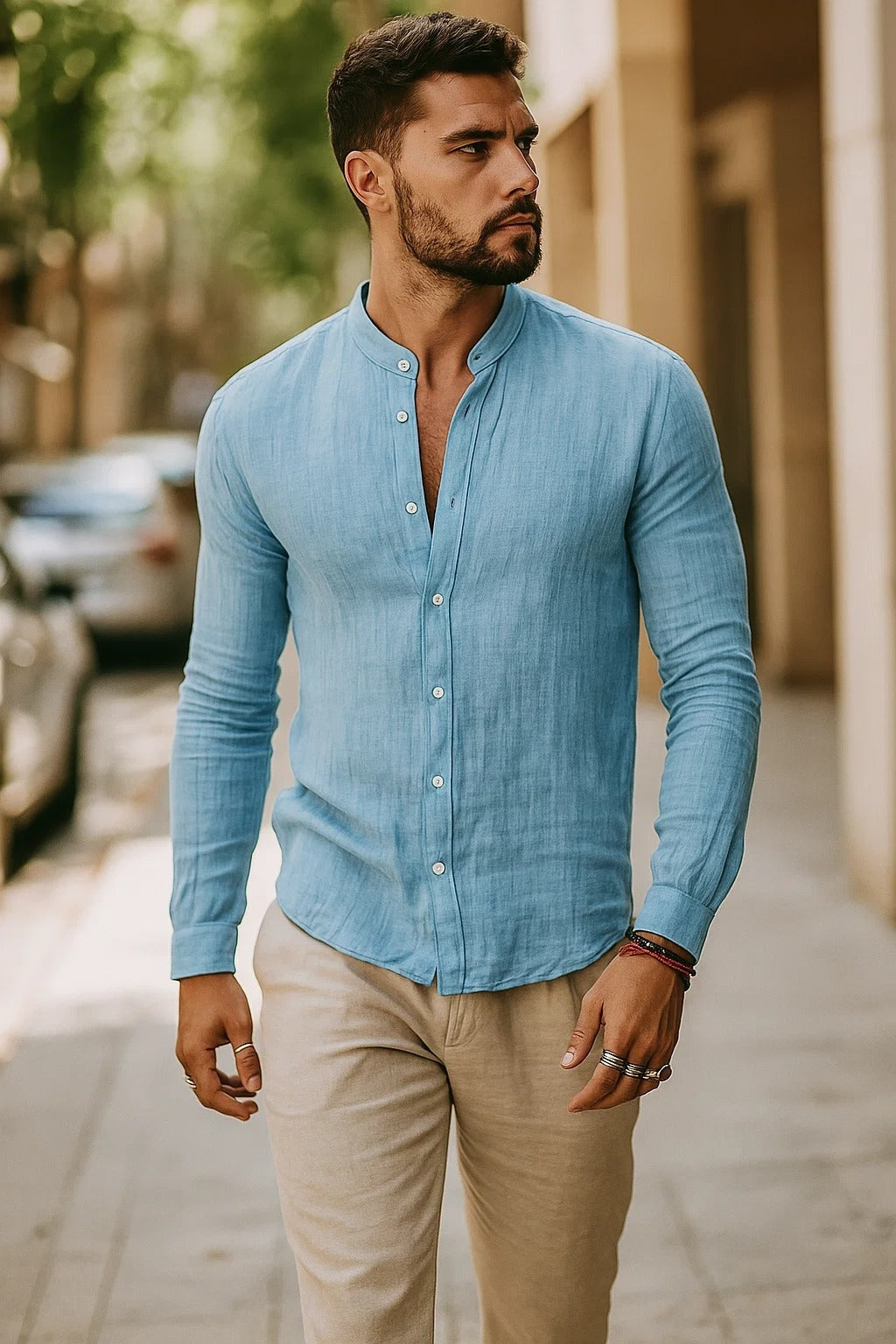 Men's Long-Sleeve Linen Mandarin Collar Shirt Autumn
