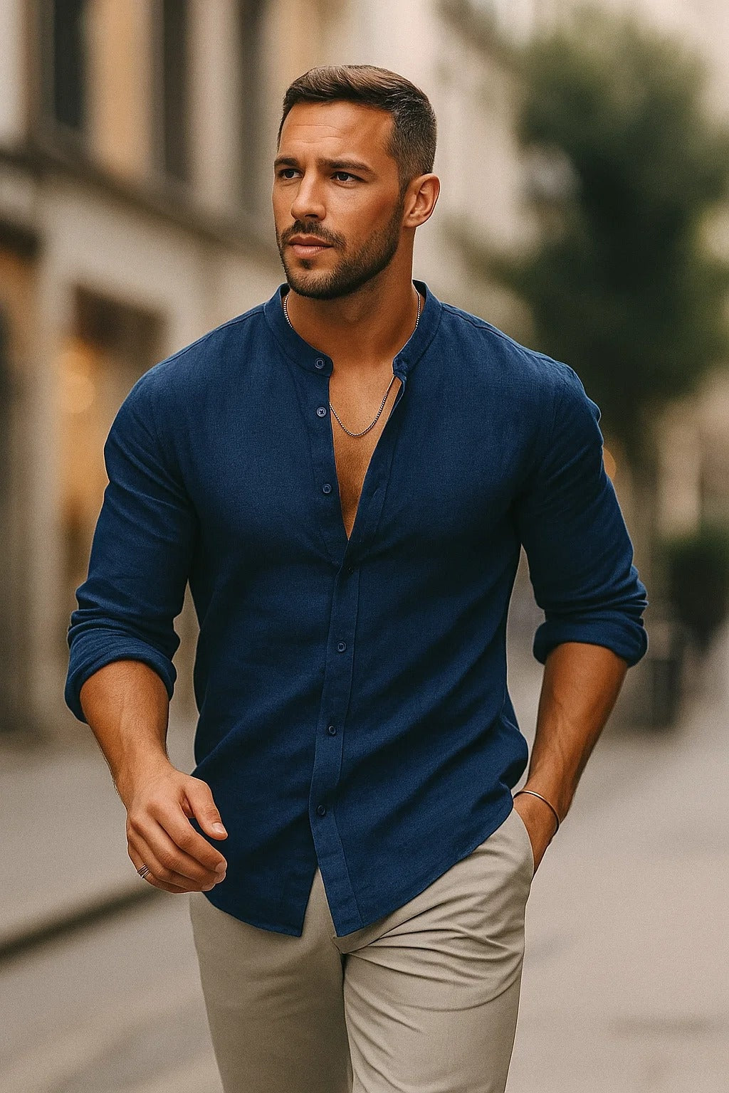 Men's Long-Sleeve Linen Mandarin Collar Shirt Autumn
