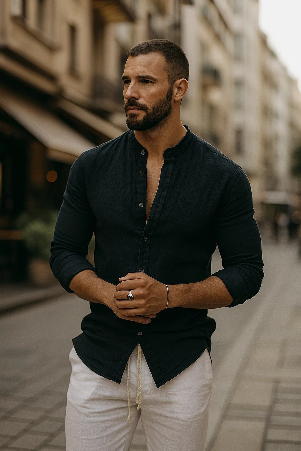 Men's Long-Sleeve Linen Mandarin Collar Shirt Autumn