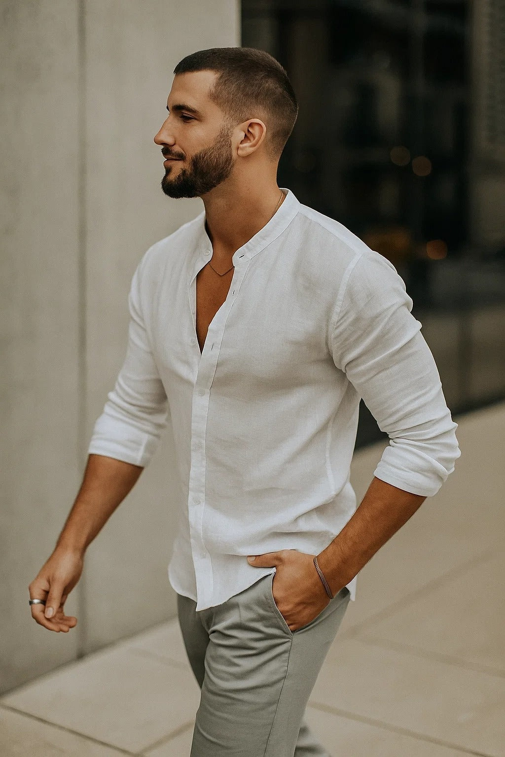 Men's Long-Sleeve Linen Mandarin Collar Shirt Autumn