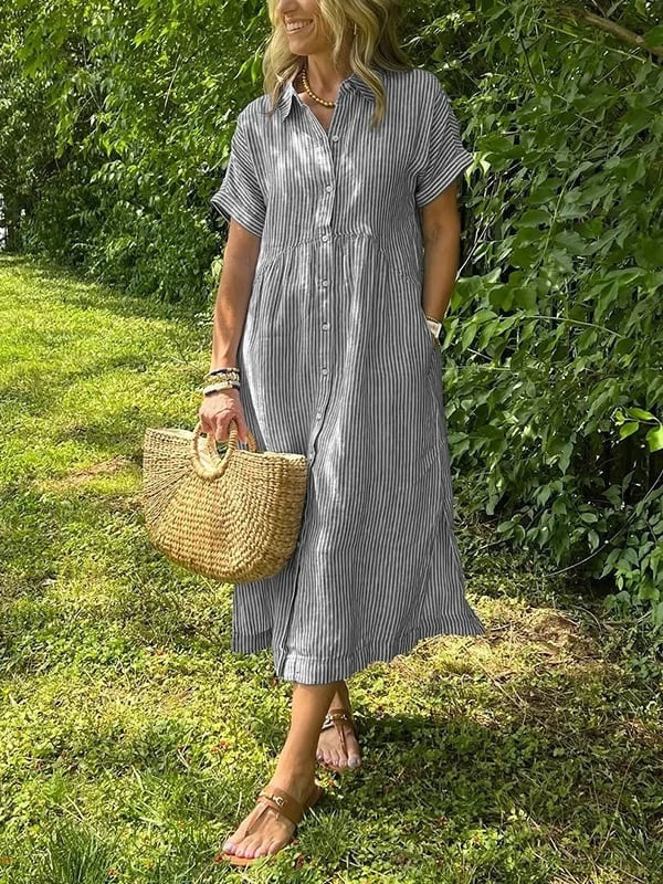 Women's Short Sleeve Striped Shirt Midi Dress Cotton Autumn Wear