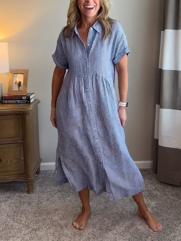 Women's Short Sleeve Striped Shirt Midi Dress Cotton Autumn Wear