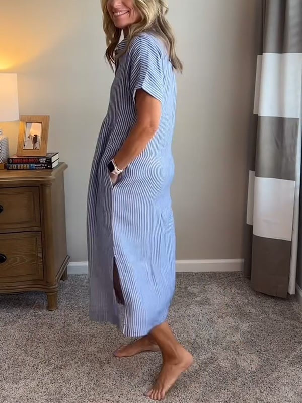 Women's Short Sleeve Striped Shirt Midi Dress Cotton Autumn Wear