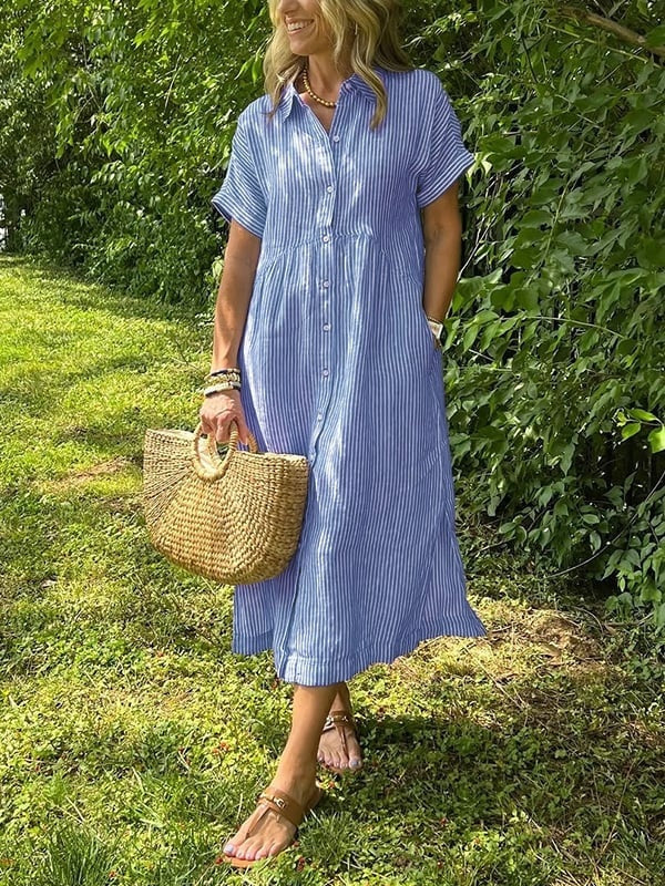 Women's Short Sleeve Striped Shirt Midi Dress Cotton Autumn Wear