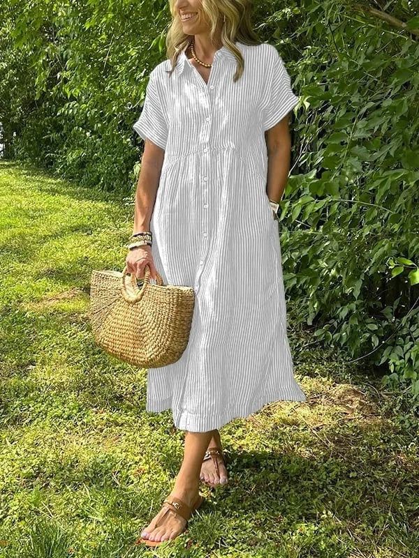 Women's Short Sleeve Striped Shirt Midi Dress Cotton Autumn Wear